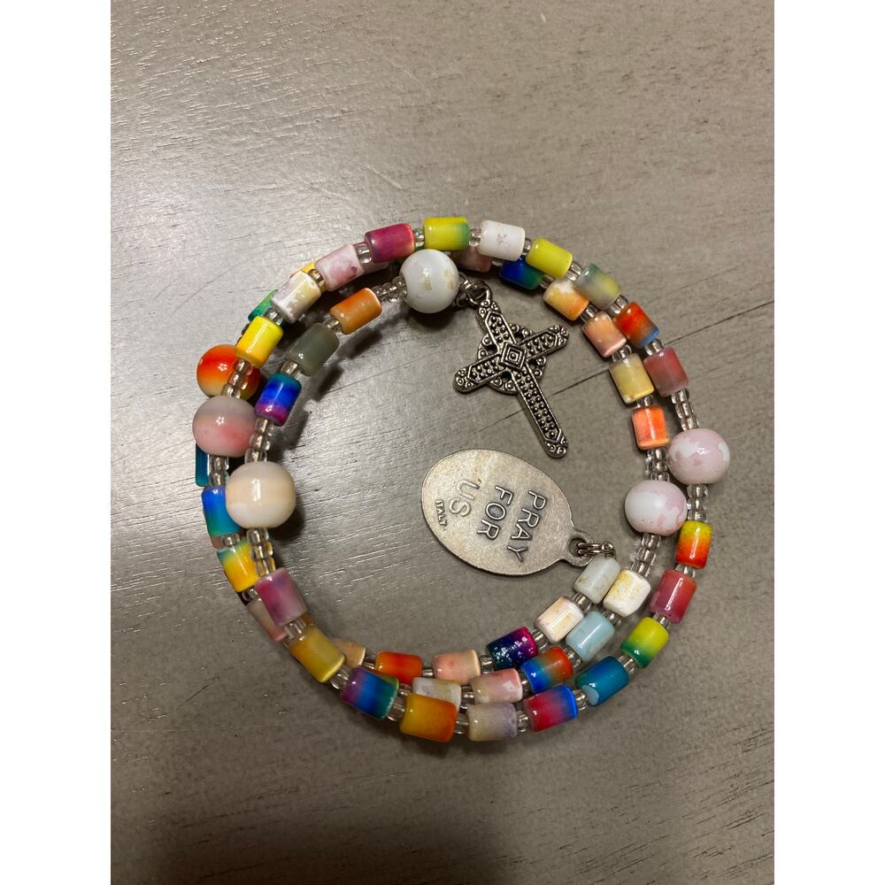 Beautiful vintage rainbow bead wrap bracelet with cross and “pray for us” charms